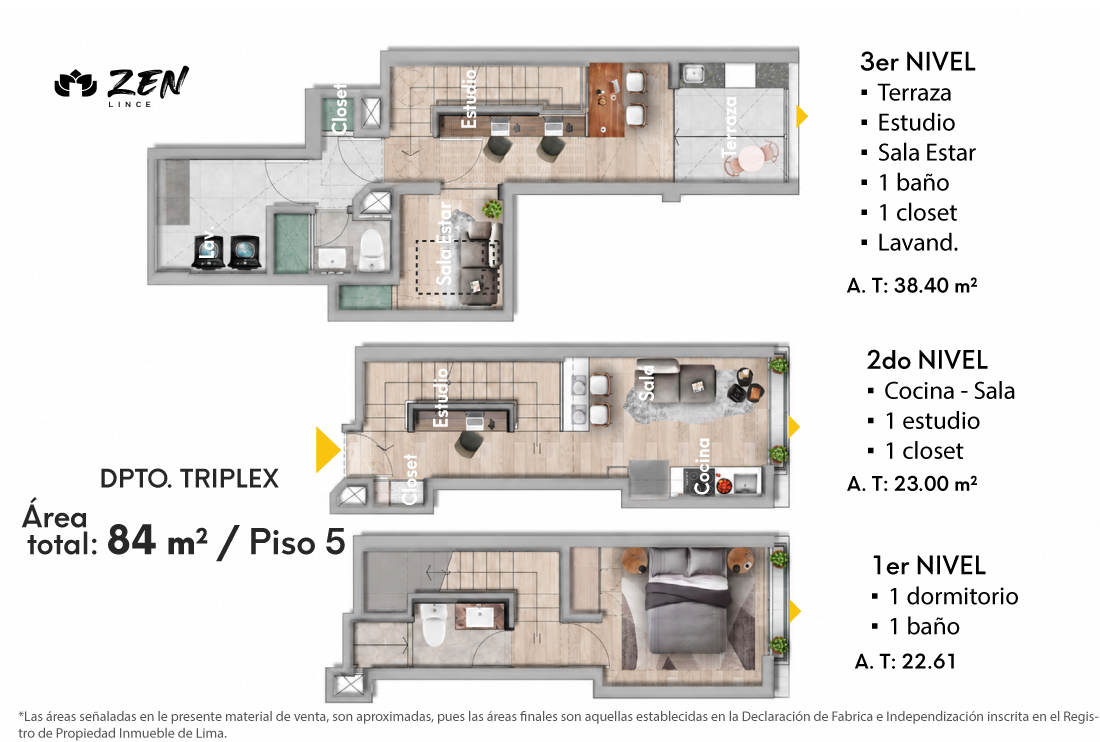 Plano 1 dormitorio triplex 84 m2 - Zen